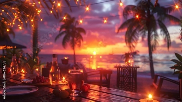 Obraz Exquisite Tropical Beach Dinner Setting at Sunset with Glowing String Lights, Palms, and Warm Ambient Lighting Creating a Romantic Atmospheretropical dinner