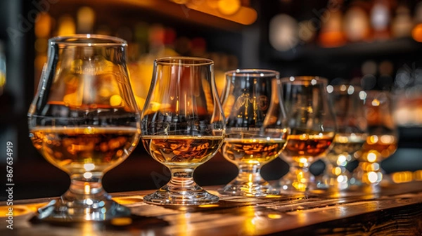 Fototapeta Whiskey in glass on bar counter at winery