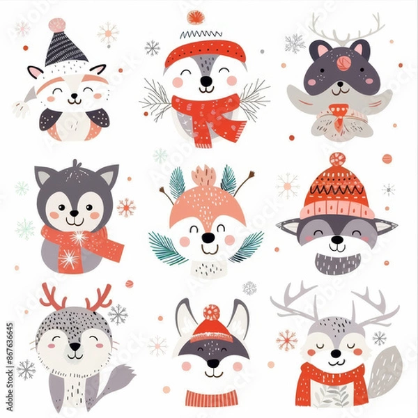 Obraz Cute animal Christmas set illustration. festive winter Christmas funny animal characters. Winter-themed featuring cute animal faces perfect for festive and holiday designs, gift wrapping