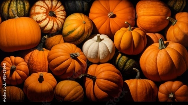 Fototapeta An assortment of pumpkins, including orange, white, and striped varieties, are spread out, highlighting their diverse shapes, sizes, and textures in a detailed and vibrant display.