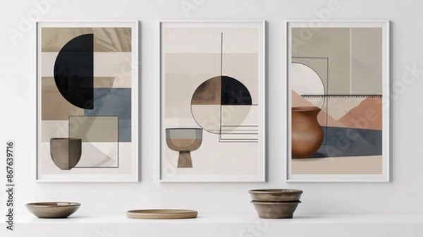 Fototapeta Three contemporary abstract art posters with minimalistic designs, arranged horizontally on a white wall. The designs feature basic geometric shapes in a neutral color scheme, creating a cohesive,