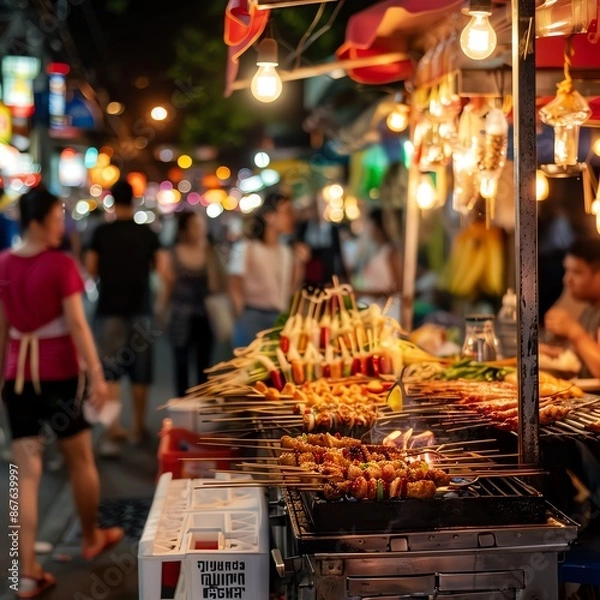 Obraz Thai food cart, bustling crowd, skewers on grill, vibrant night market, exotic street food, colorful lights, lively scene, traditional Thai flavors. copy space for text,
