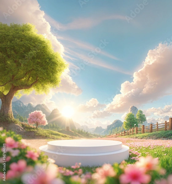 Fototapeta Center focused white podium image of a bright spring day with green field flowers, trees, fences, mountains and dramatic clouds for product presentations.