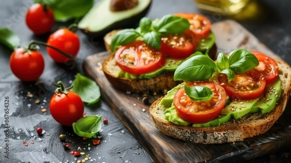 Fototapeta Avocado toast, cherry tomatoes, and basil on rustic wooden board. Generative AI