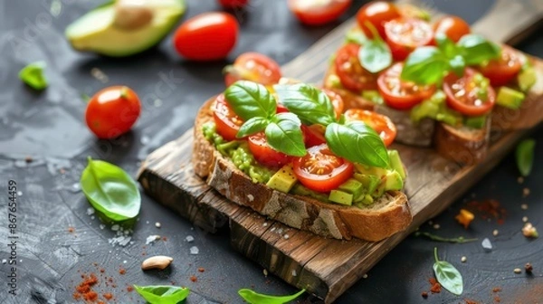 Fototapeta Avocado toast, cherry tomatoes, and basil on rustic wooden board. Generative AI