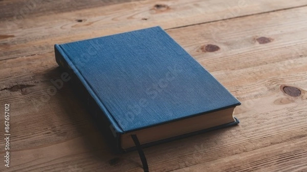 Fototapeta A simple blue book placed on a wooden desk, ready for reading or study.