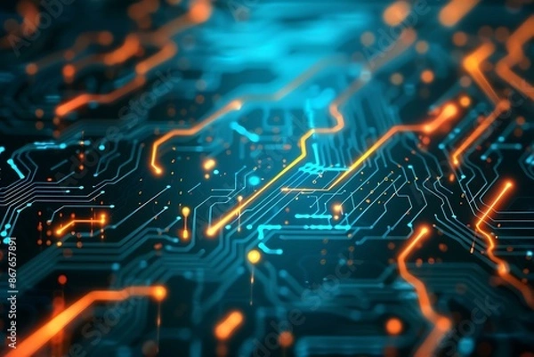 Fototapeta A close-up view of a microchip on a circuit board with intricate connections and vibrant lighting.