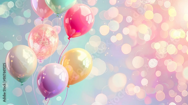 Fototapeta Colorful balloons flying on soft background with bokeh lights