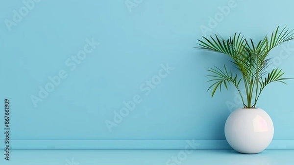 Fototapeta Minimalist business banner featuring a white round vase with a green plant, set against a light blue background, evoking a clean and modern aesthetic.