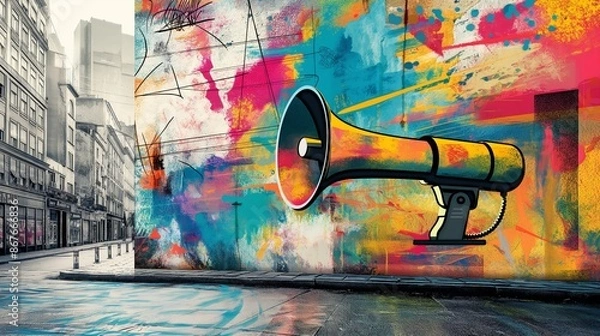 Obraz Colorful Street Art with Megaphone Mural in Urban Setting
