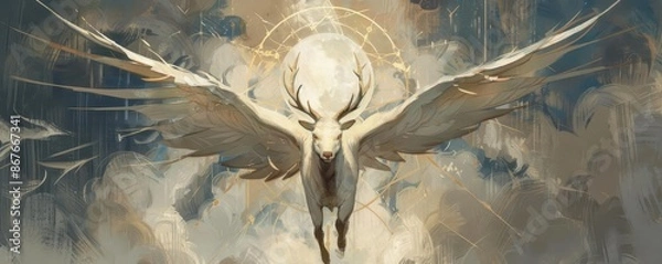 Fototapeta mythical animal with wings and antlers, flying through a kaleidoscope of clouds and stars