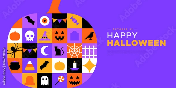 Fototapeta Happy halloween geometric mosaic web template illustration. Modern flat october holiday cartoon icon background, fun costume party online invitation. Spooky internet event banner. 