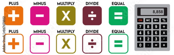 Fototapeta mathematical Color full icon. math calculations addition, division, subtraction, multiplication, plus minus button symbol set. mathematical calculator education vector. Vector pictogram. Math symbols 