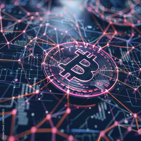 Fototapeta Glowing Bitcoin Symbol on Digital Network Background with Blockchain Connections