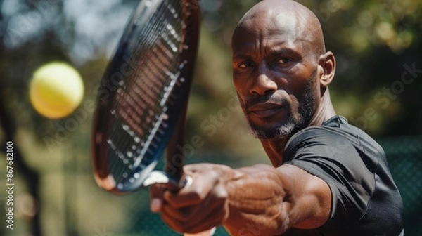 Fototapeta A close-up shot of a male tennis player, with a serious expression on his face, as he prepares to hit a ball with his racket