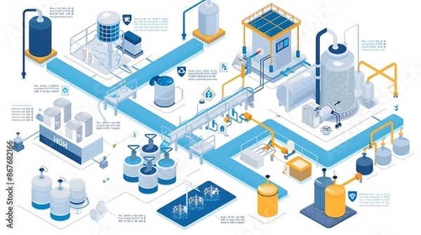 Fototapeta Flowchart outlining the steps of the water treatment process including coagulation sedimentation filtration disinfection and distribution with icons and explanations