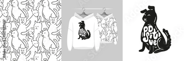 Obraz Seamless pattern and illustration for kid with happy black dog. Best friends bundle. Positive
text. Cute design Hoodie. Baby background for fashion t-shirt print, birthday invitation card, wrapping