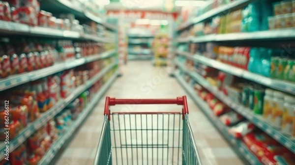 Obraz Shopping Cart in Supermarket Aisle with Blurred Product Shelves in Background