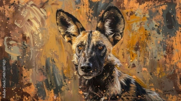 Obraz This painting features an African Wild Dog captured in a vibrant, abstract style with striking colors and bold brushstrokes, emphasizing the animal's unique markings and expressive eyes.