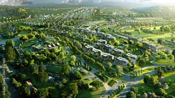 Fototapeta A sustainable urban landscape with mixed-use developments surrounded by green spaces.