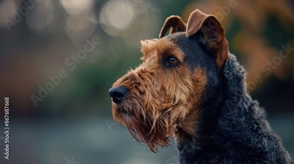 Fototapeta This image features a side profile of a dog in an outdoor setting with moody lighting, highlighting the dog's contemplative expression and the beautiful texture of its fur.