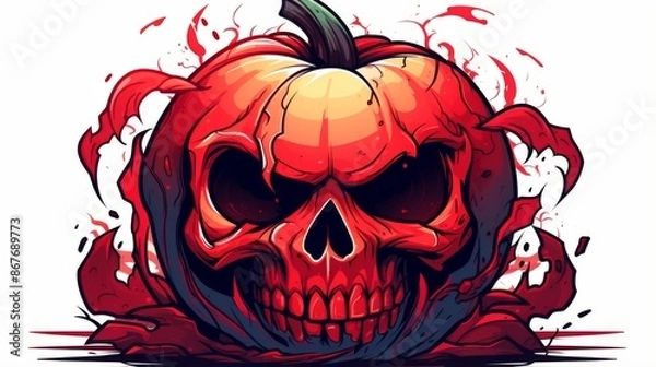 Fototapeta An evocative digital illustration of a pumpkin morphed into a skull with a wicked, sinister grin, conveying themes of horror, fear, and dark fantasy in a stylized manner.