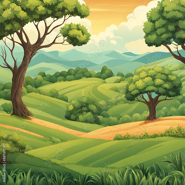 Fototapeta nature scene with trees and fields cartoon style.