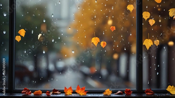 Fototapeta autumn background. autumn rain view through the window. concept of fall season. rainy day weather