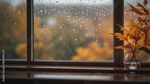 Fototapeta autumn background. autumn rain view through the window. concept of fall season. rainy day weather