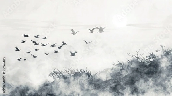 Fototapeta Birds flying over the hill. Traditional oriental ink painting sumi-e, u-sin, go-hua. Translation of hieroglyph - eternity.