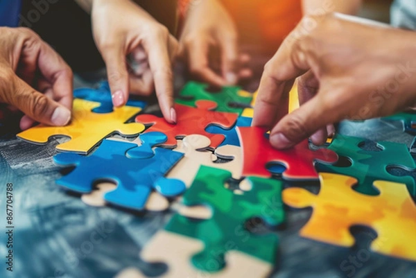 Fototapeta Hands of diverse multiracial people putting puzzle pieces together. Teamwork, partnership, collaboration problem-solving in a group setting, achieving goals strategy solution concept