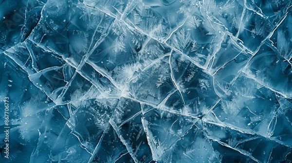 Fototapeta Cracked ice surface seen from a top-down perspective, emphasizing natural patterns and textures