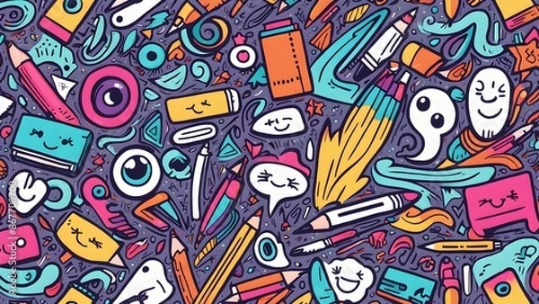 Fototapeta A colorful background with various objects such as pencils, pens, and scissors