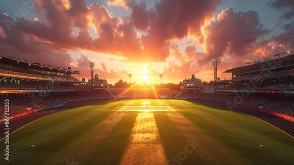 Fototapeta A full stadium top view at sunset and cloudy sky
