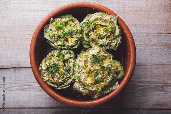 Obraz Cooked artichokes with parsley and parmesan, served in a clay dish on a wooden table