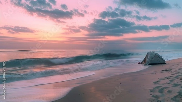 Fototapeta A tranquil beach campsite with a tent set up near the water's edge, waves gently lapping under a pastel sunset sky.