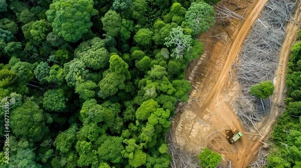 Fototapeta Aerial view of deforestation, showing the environmental impact of climate change