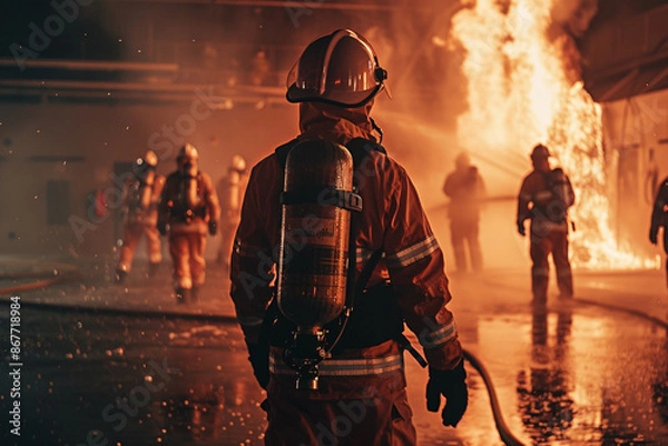 Fototapeta Intense Firefighter Training: Fireman in Action with Water and Extinguisher in 4K Resolution