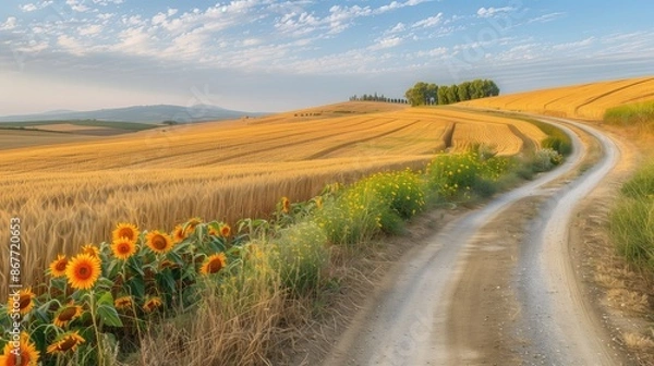 Fototapeta A tranquil countryside with a winding dirt road leading through fields of golden wheat and vibrant sunflowers.