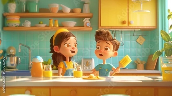 Fototapeta 3D cartoon of a family using eco-friendly cleaning products like vinegar and baking soda solutions, reusable cleaning cloths, recycled plastic broom.