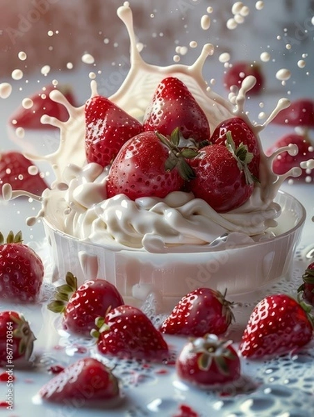 Fototapeta Dynamic milk splash with strawberries, designed for professional use, copy space available