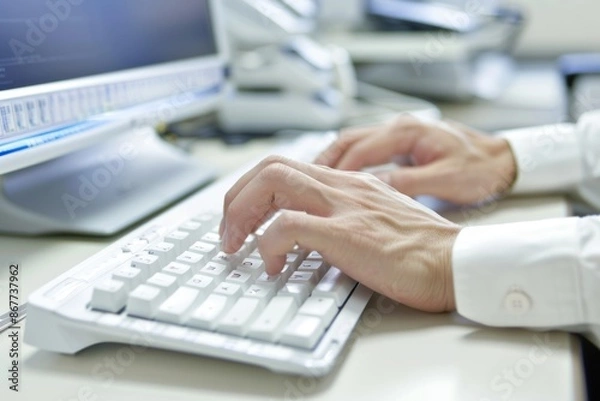 Fototapeta Close-up of Japanese hands typing on a keyboard in an office, modern workspace, focus on detail and speed