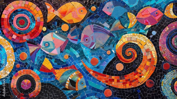 Fototapeta Mosaic artwork of colorful, swirling patterns and colorful sea fish 