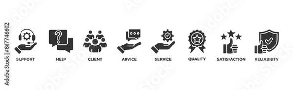 Fototapeta Customer care banner web icon illustration concept for customer support and telemarketing service with an icon of help, client, advice, chat, service, reliability, quality, and satisfaction	