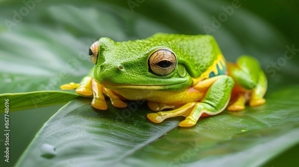 Fototapeta An eye-catching close-up of a bright green frog with distinctive orange and blue markings, positioned on a large green leaf, showcasing nature's vivid palette and diversity.