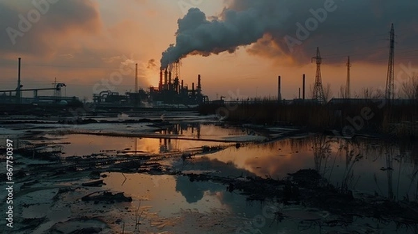Fototapeta factories emit asp from chimneys and wastewater pools