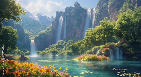 Fototapeta Creation. Genesis. Picturesque scene of tranquil garden with trees in bloom, waterfalls and a river, evoking the essence of Eden.