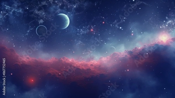Fototapeta A breathtaking blue misty cosmic scene featuring serene planets and nebula clouds, evoking the majesty, tranquility, and endless possibilities of the universe.