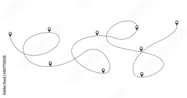 Fototapeta route path icon is a dotted line. A route with a starting point of departure and intermediate stops. Flat design. Vector eps10