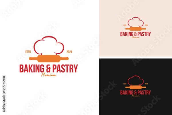 Fototapeta A logo design chef hat with a rolling pin. Symbolizing baking and pastry arts. Vector illustration template idea